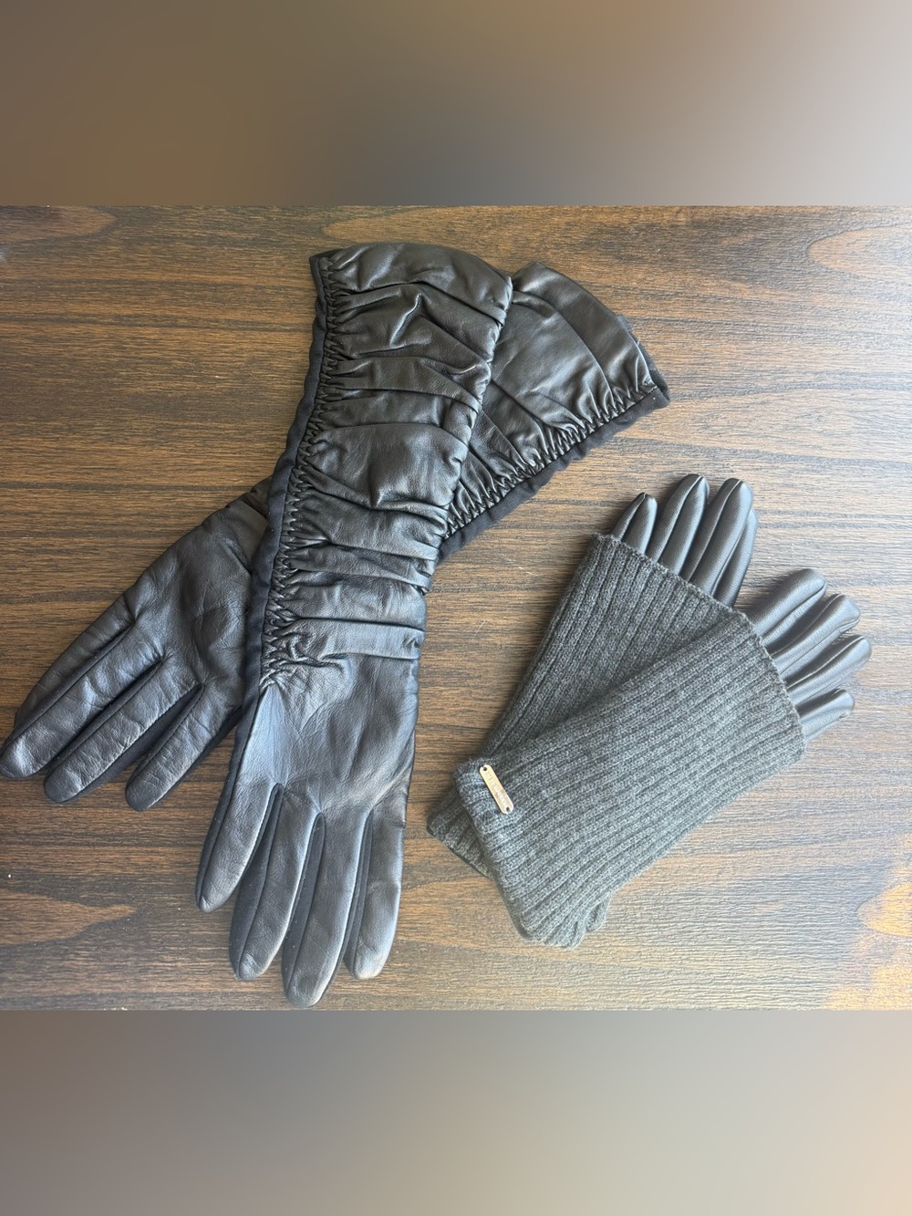 Black faux Leather Long Gloves & Ribbed Knit Gloves - Women’s gloves